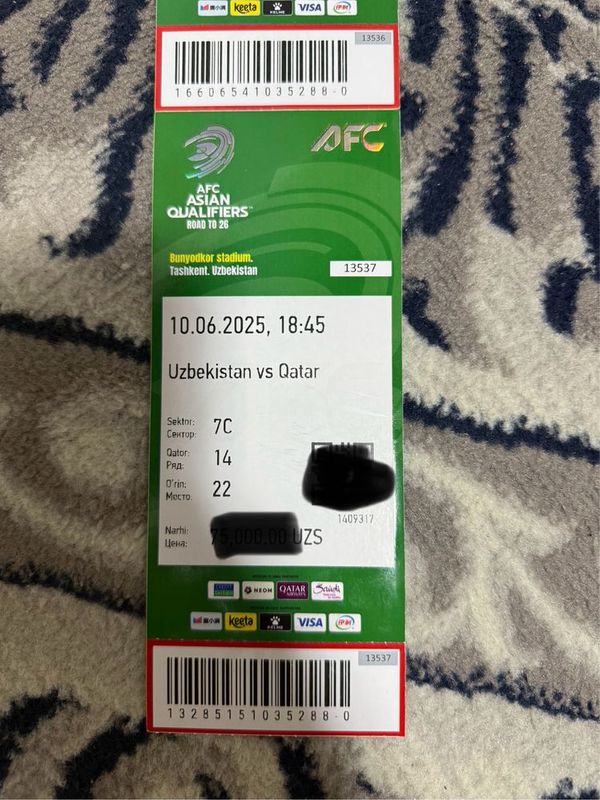7 C dan bilet bor O’zbekiston vs Qatar oyiniga 7 C dan bilet bor O’zbekiston vs Qatar oyiniga
