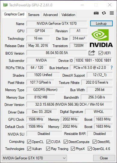 NVIDIA GeForce GTX 1070 8 GB DDR5 256bit в нормальном состоянии!