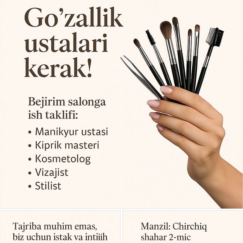 Gozallik saloniga iwga taklif qilamz Gozallik saloniga iwga taklif qilamz