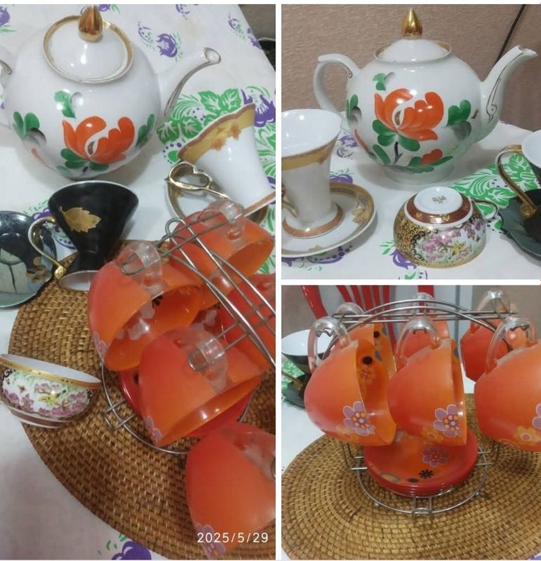 посуда, чашки и оранжевый чайный набор.. хрусталь ( салатницы) ,. посуда, чашки и оранжевый чайный набор.. хрусталь ( салатницы) ,.