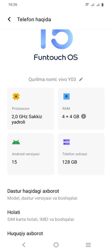 Vivo y03 8/128gb holat Alo Vivo y03 8/128gb holat Alo