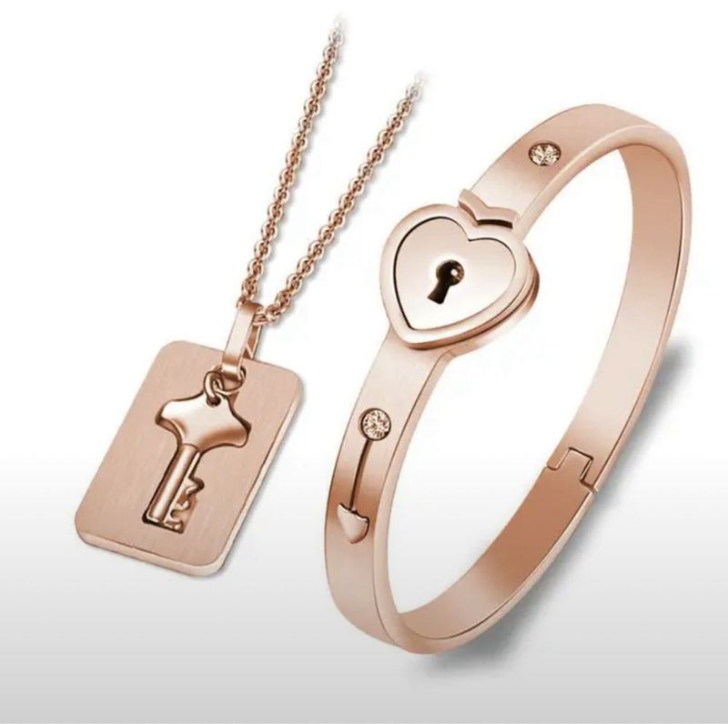 Lock Key Bracelet Necklace Suit Brass Stainless Steel for Couples