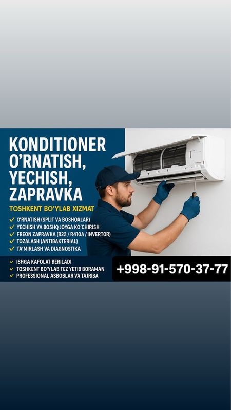 Konditsioner o‘rnatish, yechish, zapravka – Toshkent bo‘ylab xizmat Konditsioner o‘rnatish, yechish, zapravka – Toshkent bo‘ylab xizmat