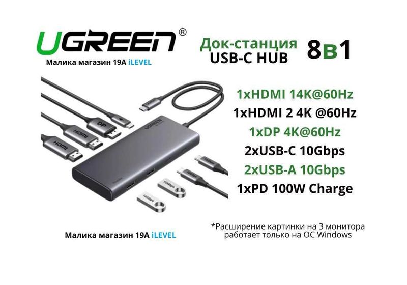 USB C Hub Док станция UGREEN Revodok 8в1 4K Triple Display 10Gbps