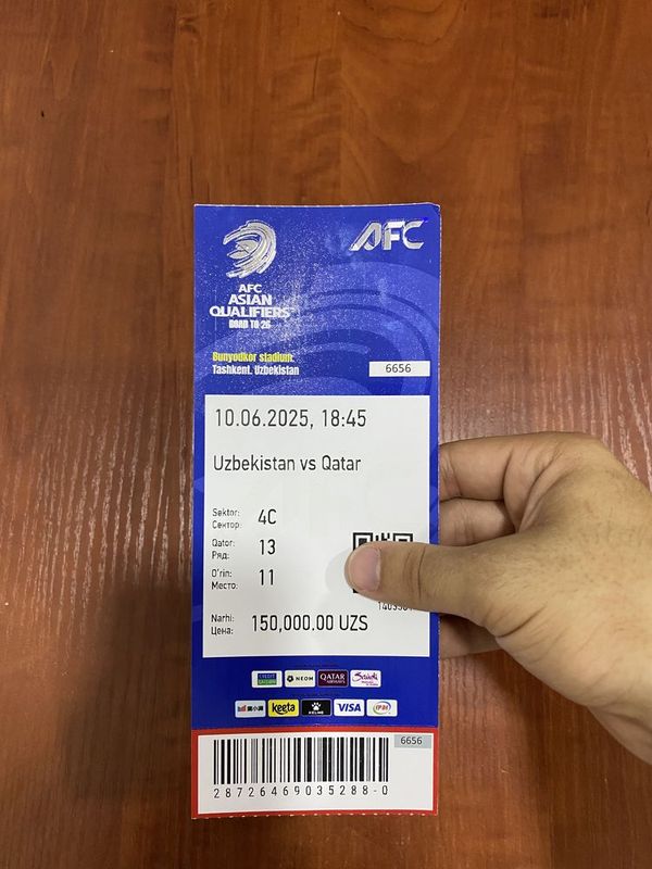 Uzbekiston ve Qatar oyiniga bilet bor 3 ta 4C dan yoma yon Uzbekiston ve Qatar oyiniga bilet bor 3 ta 4C dan yoma yon