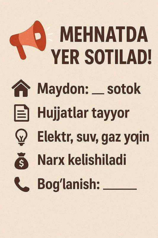 Mehnatda yer sotiladi srochno