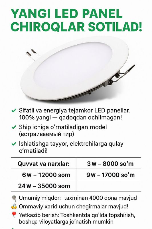 Yangi led panel chiroqlar sotiladi! Yangi led panel chiroqlar sotiladi!