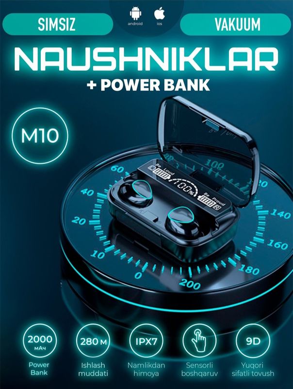 Simsiz minigarnituralar M10 Power banki 2000 mAh Simsiz minigarnituralar M10 Power banki 2000 mAh