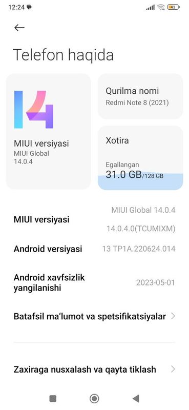 Redmi note 8 2021 6/128 rangi qora dokument karobka