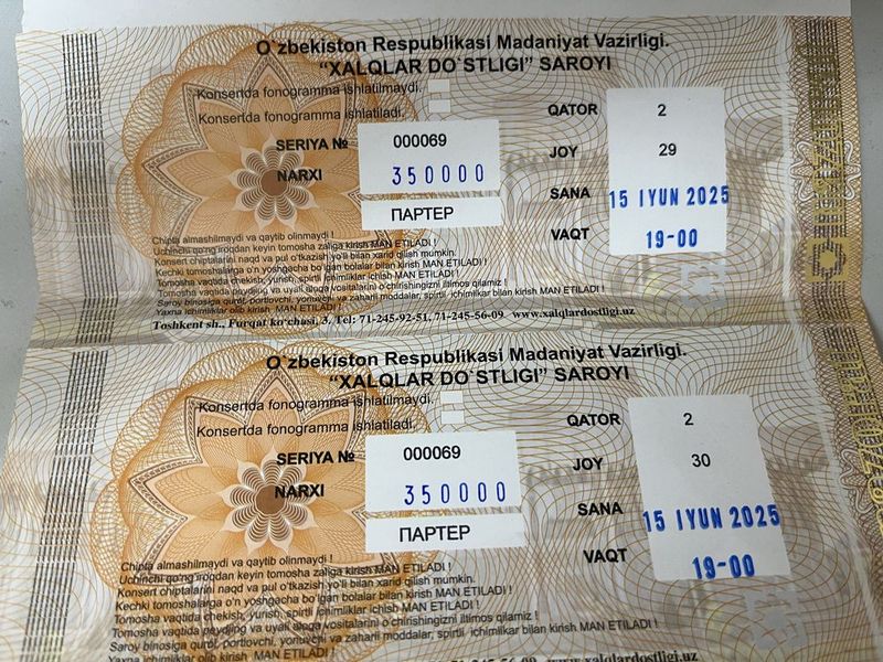 Bilet yoz taronalar 2 qator eng zor joy Bilet yoz taronalar 2 qator eng zor joy