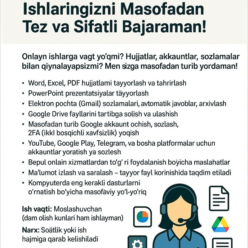 Virtual Yordamchi – Ishlaringizni Masofadan Tez va Sifatli Bajaraman! Virtual Yordamchi – Ishlaringizni Masofadan Tez va Sifatli Bajaraman!