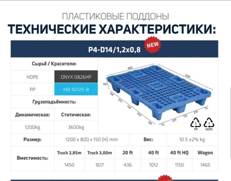 Поддоны, паллеты пластиковые 1200 х 800 х 150 мм. 335 000 сум за шт.