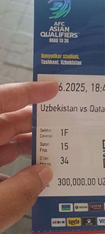 UZBEKISTON QATAR O’yiniga 1 dona bilet UZBEKISTON QATAR O’yiniga 1 dona bilet